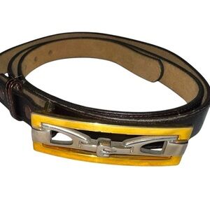 Vintage Spain black leather strap with silver gold rectangle buckle